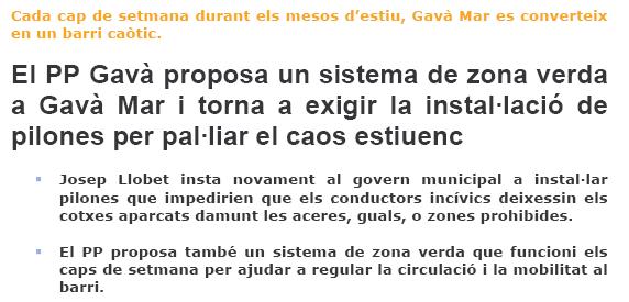 Nota de premsa del PPC de Gavà proposant un sistema de zona verda a Gavà Mar i tornant a exigir la instal·lació de pilones per pal·liar el caos estiuenc a Gavà Mar (28 Juliol de 2008)